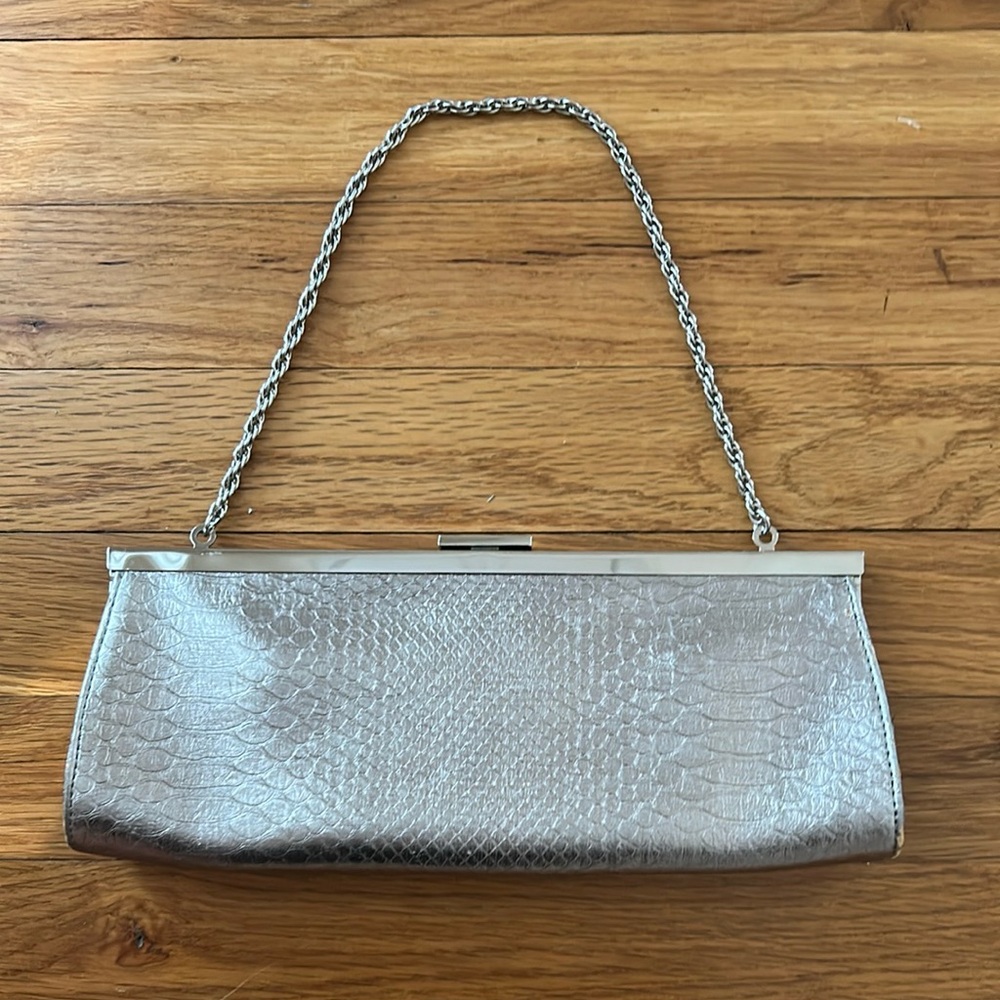 LOFT Silver Metallic Croc-Embossed Chain Strap Clutch
